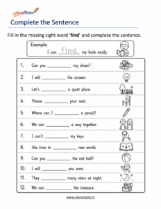 Complete the sentence using the sight word find worksheet