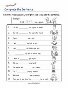 Complete the sentence using the sight word give worksheet