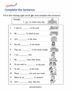 Complete the sentence using the sight word go worksheet