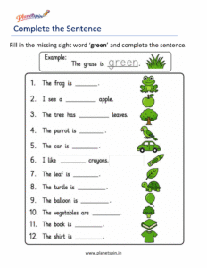 Complete the sentence using the sight word green worksheet
