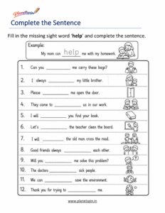 Complete the sentence using the sight word help worksheet