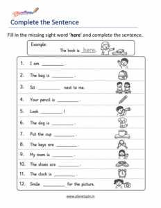 Complete the sentence using the sight word here worksheet