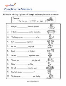 Complete the sentence using the sight word jump worksheet