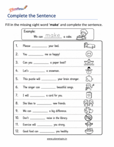 Complete the sentence using the sight word make worksheet