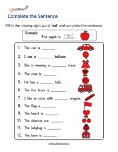 Complete the sentence using the sight word red worksheet