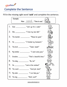 Complete the sentence using the sight word said worksheet