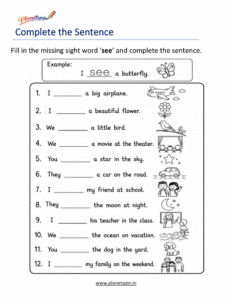 Complete the sentence using the sight word see worksheet
