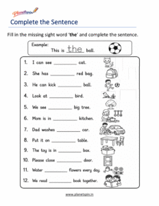 Complete the sentence using the sight word the worksheet