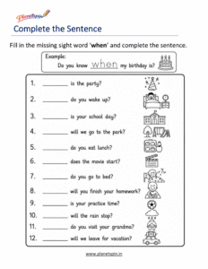Complete the sentence using the sight word when worksheet