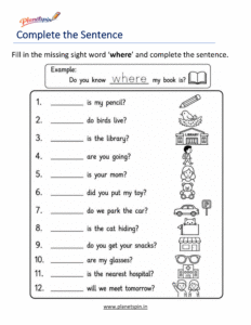 Complete the sentence using the sight word where worksheet