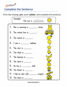 Complete the sentence using the sight word yellow worksheet