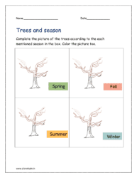 Seasons: Complete the picture of the trees according to the each mentioned season in the box. Color the picture too.