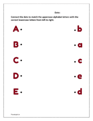 A to E: Connect the dots to match the uppercase alphabet letters with the correct lowercase letters from left to right