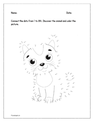 Connect the dot to dots from 1 to 84. Discover the animal and color it in the worksheets.