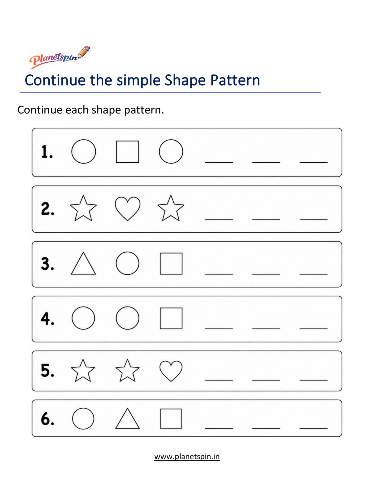 Continue the Shape Pattern worksheet | Planetspin.in