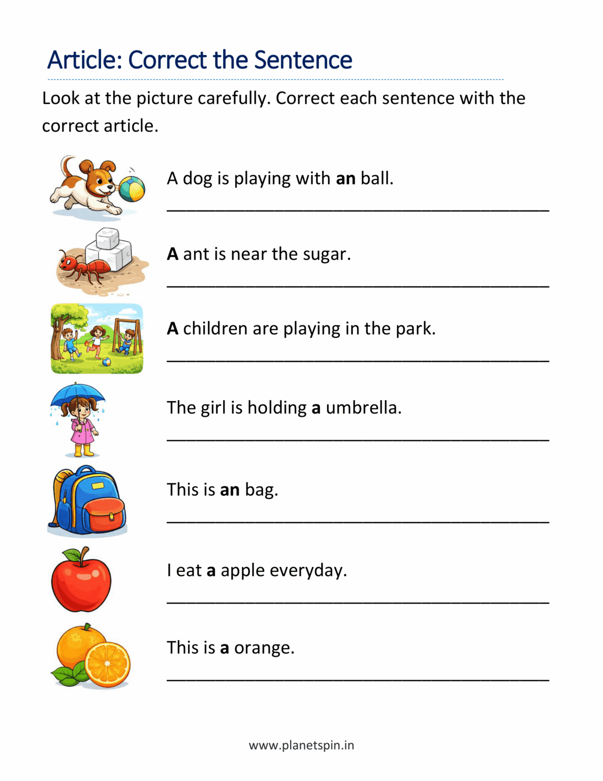 A an the worksheet for grade 2 | Planetspin.in