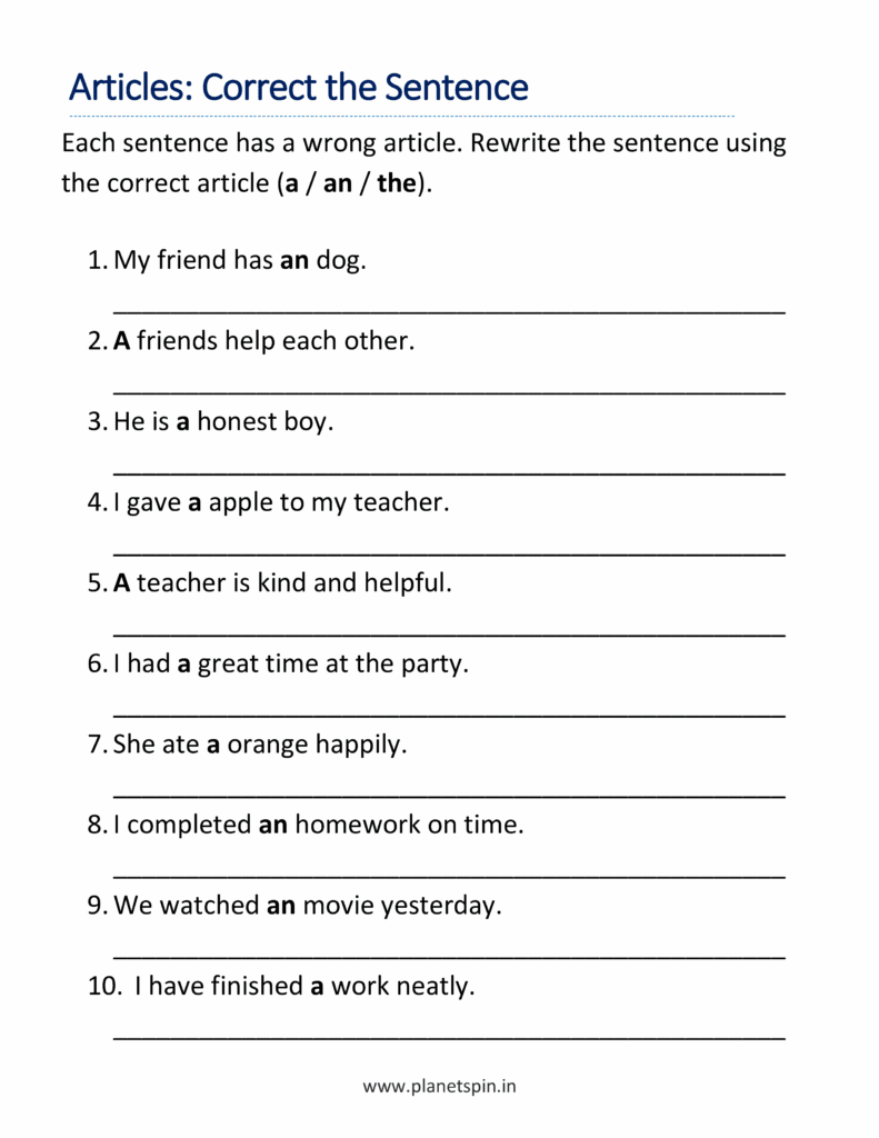 Write Sentences Using Articles Worksheets for Grade 2 | Free PDF