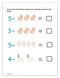 Count and subtract the animals and write the answers in the boxes (Subtraction activity sheets)