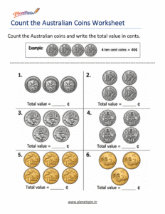 count the Australian coins worksheet for grade 1