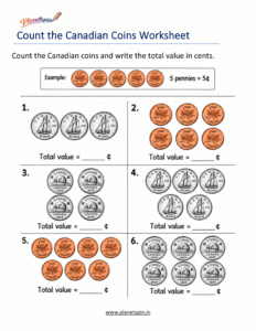 Write total value of Canadian coins in cents worksheet for grade 1