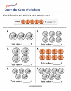 write total value of US coins in cents worksheet for grade 1