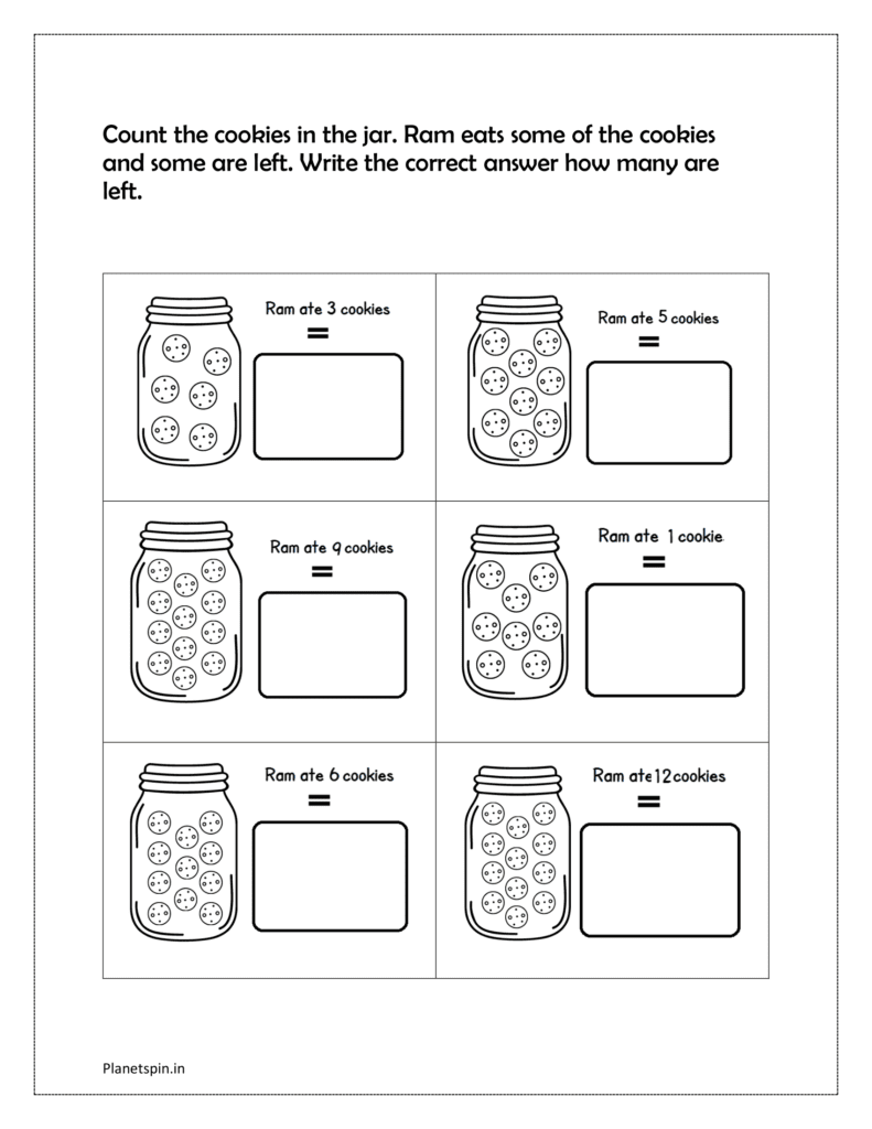 Count the cookies in the jar. Ram eats some of the cookies and some are left. Write the correct answer how many are left