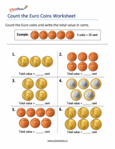 Write total value of Euro coins in cents worksheet for grade 1