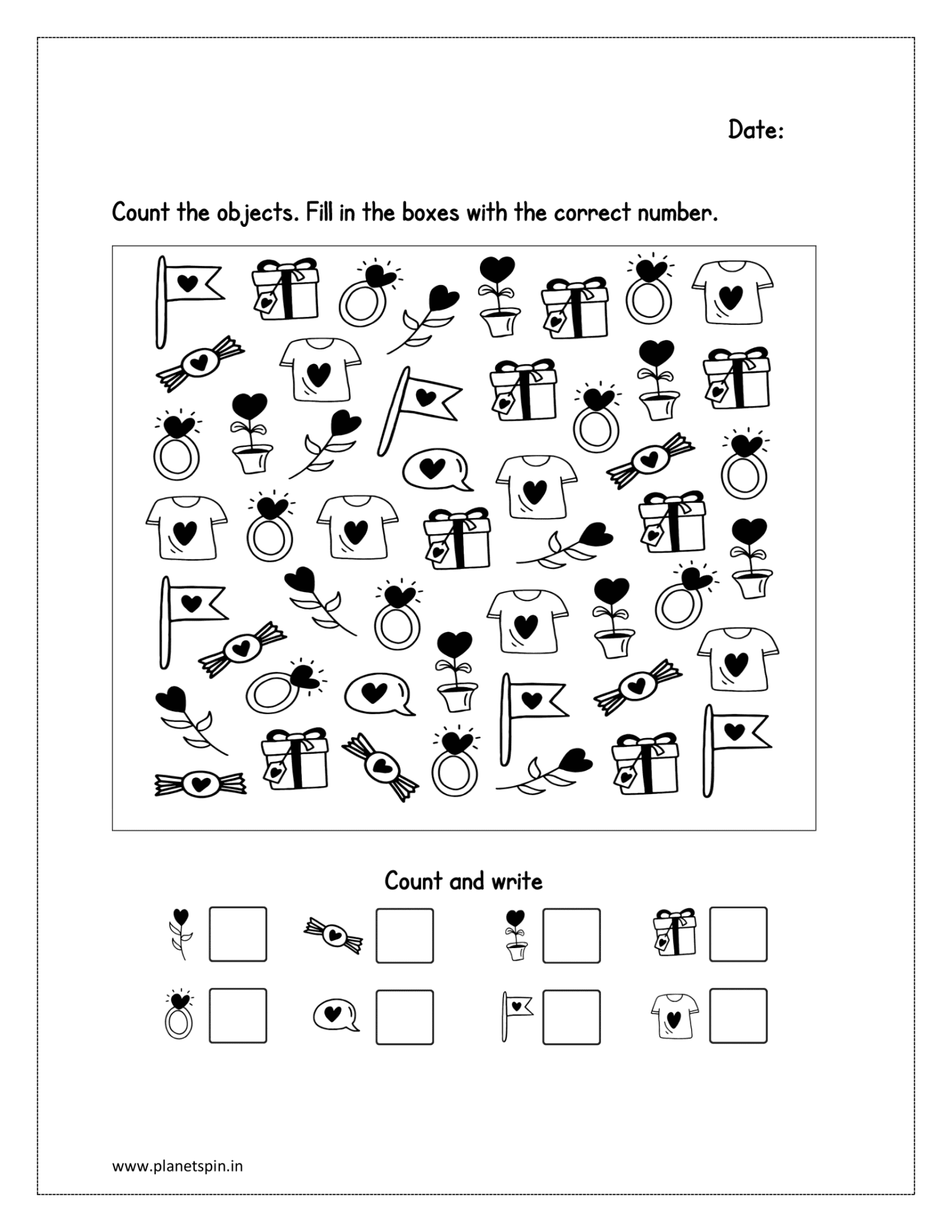 Count the pictures and write the number worksheet | Planetspin.in