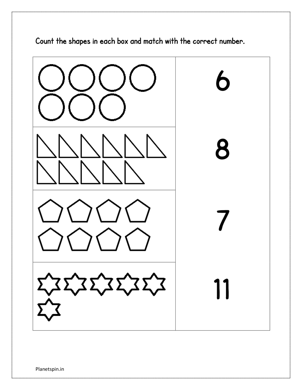 Number Figure Matching Match the number with picture worksheets | Planetspin.in