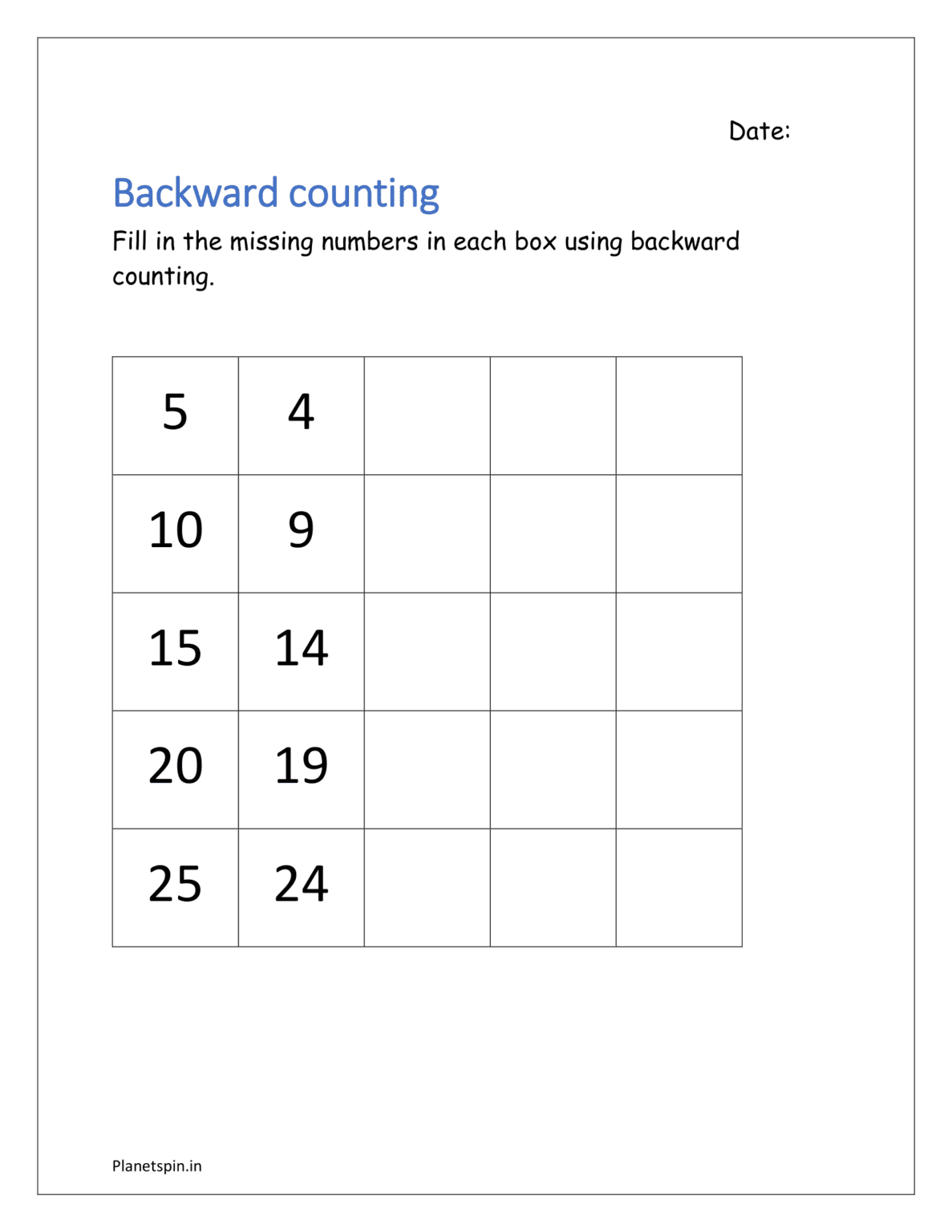 Backward counting worksheets for kindergarten | Planetspin.in