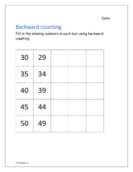 50 to 26: Fill in the missing numbers in each box using backward counting