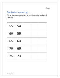 75 to 51: Fill in the missing numbers in each box using backward counting (Backward counting worksheet for kindergarten)
