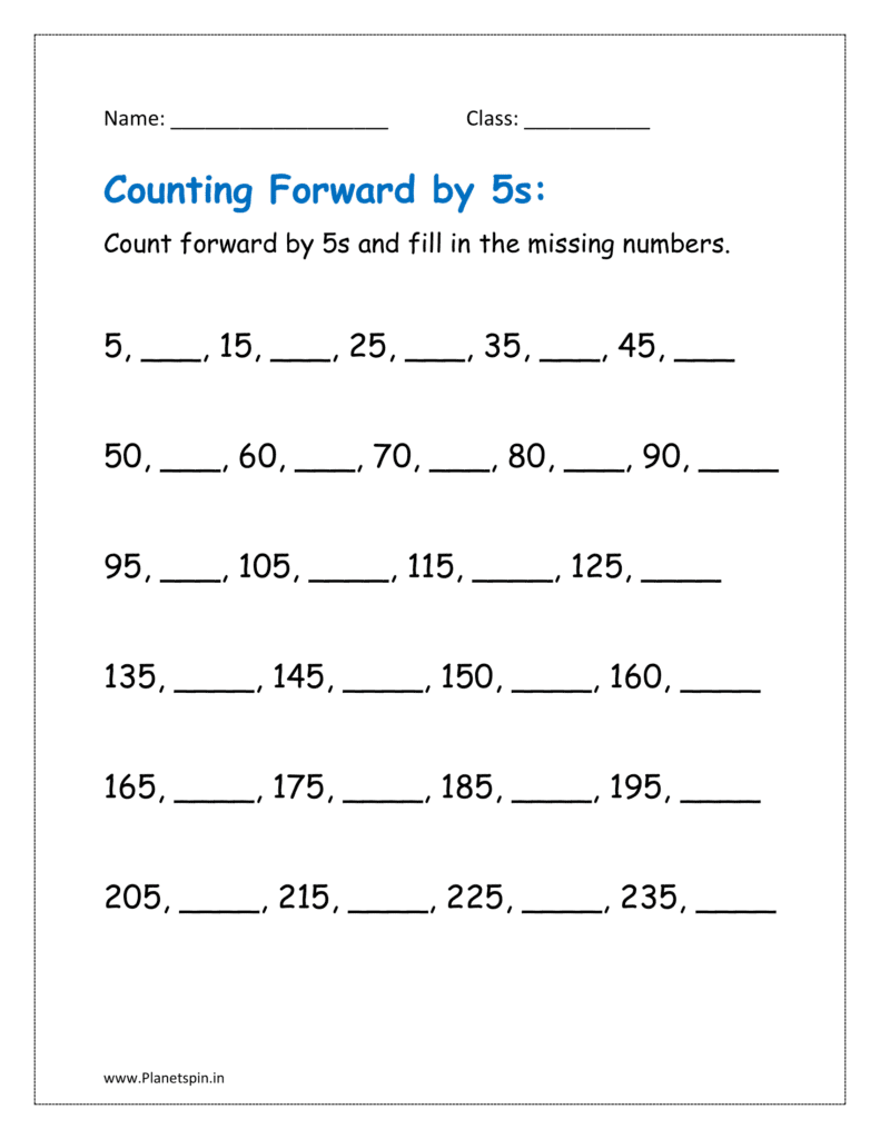 Count forward by 5s and fill in the missing numbers.