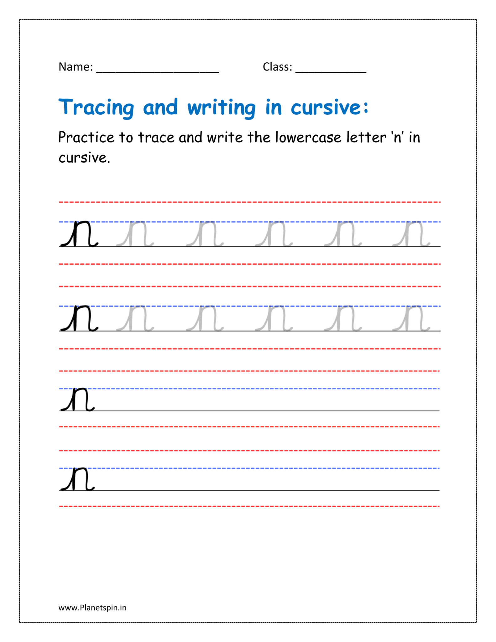 n cursive writing worksheet PDF | Planetspin.in
