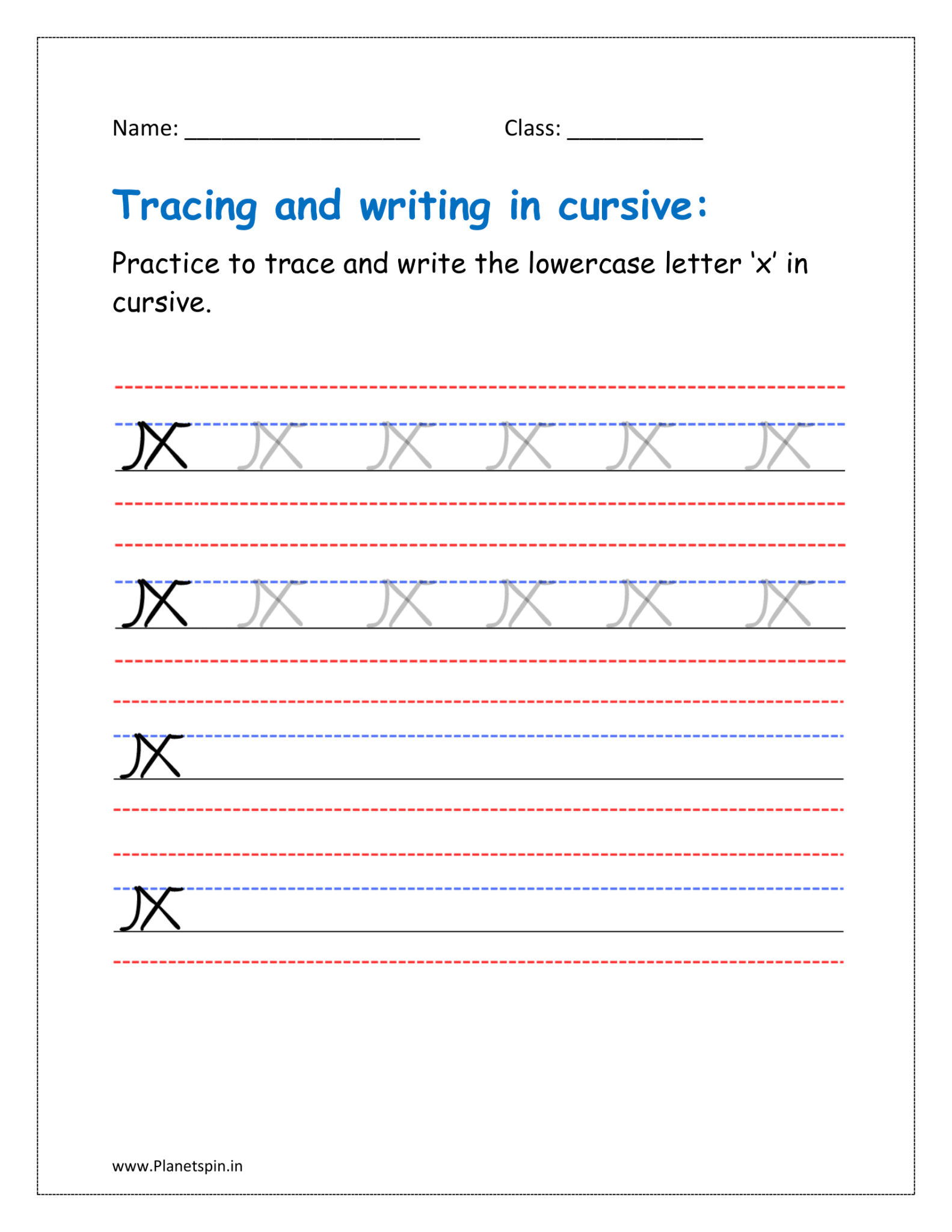 X In Handwriting Cursive lowercase x worksheet | Planetspin.in