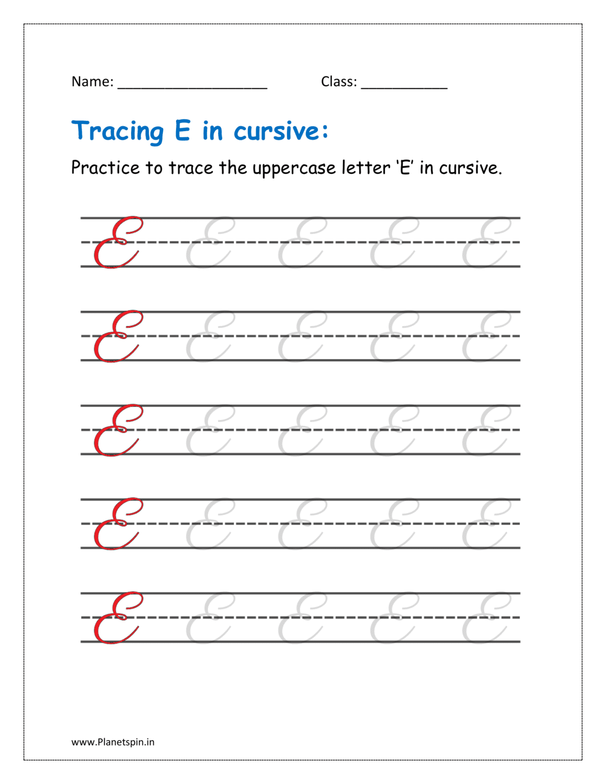 Free printable cursive e worksheet for kids (Free Printable)