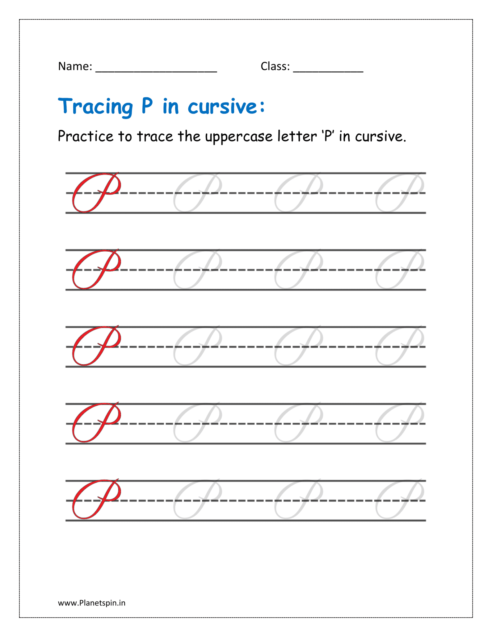 Free printable cursive letter p worksheet PDF | Planetspin.in