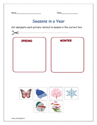 Spring and Winter season: Cut and paste each picture related to season in the correct box in the kindergarten worksheet