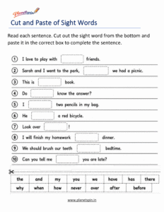 Cut and paste sight word review worksheet