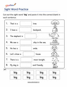 Sight word big cut and paste printable worksheet