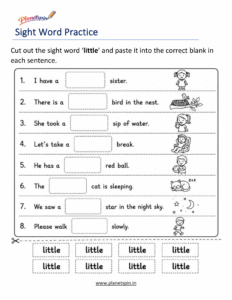 Sight word and cut little paste printable worksheet
