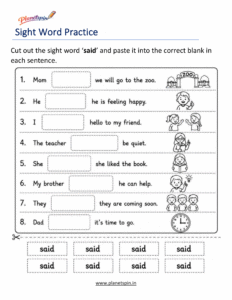 Sight word said cut and paste printable worksheet
