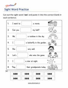 Sight word see cut and paste printable worksheet