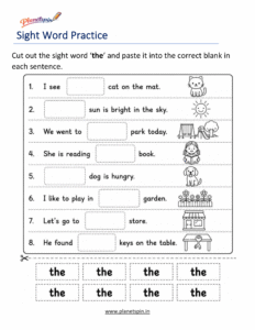 Sight word the cut and paste printable worksheet