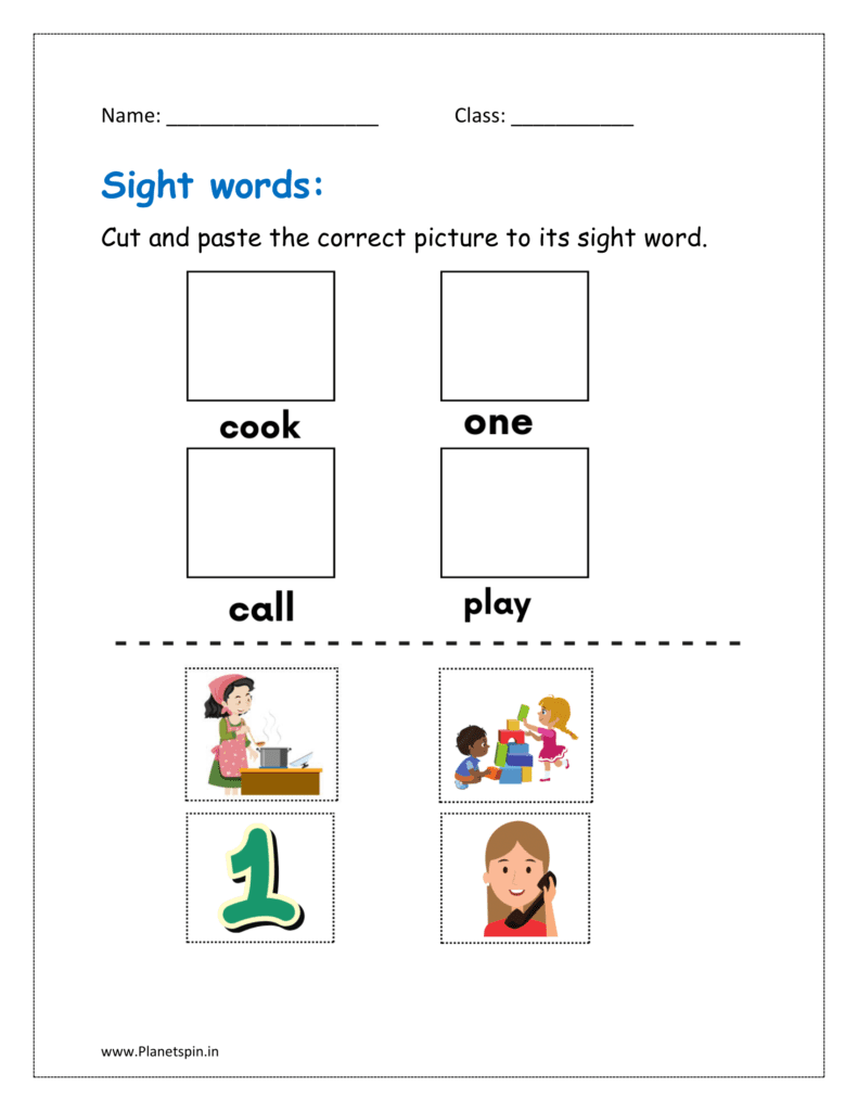 Cut and paste the correct picture to its sight word