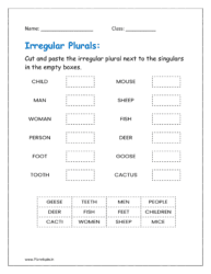 Irregular plurals: Cut and paste the irregular plural next to the singulars in the empty boxes worksheet