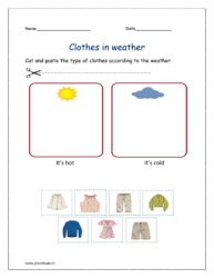 Clothes: Cut and paste the type of clothes according to the weather in the kindergarten worksheet