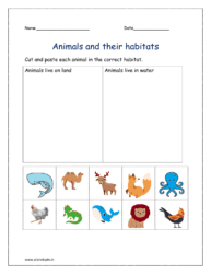 Land and water animals: Clue: Read the clue and cut and paste each animal in the correct box