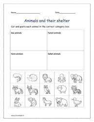 Sea, farm, forest and safari animals: Cut and paste each animal in the correct category box given in the worksheets