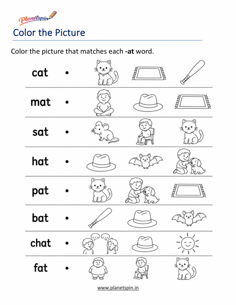 -AT Word Family Worksheets printable for Kindergarten
